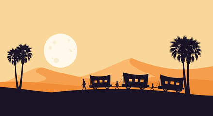 Desert Train Silhouette Under Moonlit Sky - A Scenic Journey.