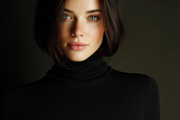 Girl. Age 37 years Hair is removed from the face behind the back. Hair color natural deep dark brown. Turtleneck tight smooth matte black luxe cashmere