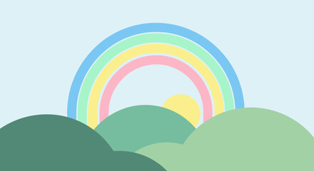Minimalist Rainbow Over Rolling Hills Landscape.