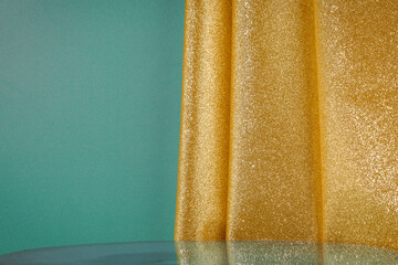 Empty Glass Podium For Montage Products With Gold Curtain And Teal Wall For Concepts Of Festive Product Display, Fashion Branding, Holiday Presentation Backgrounds For Beauty, Jewelry, And Luxury Ads