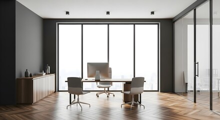 Modern executive office with large windows and sleek desk furniture for business meetings