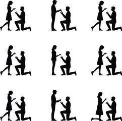Marriage proposal silhouette, romantic gesture poses, engagement moment, black vector art, cad drawing flat vector illustration, minimal design