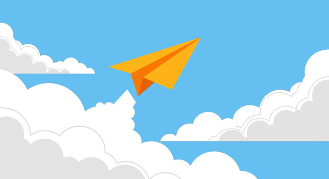Yellow paper airplane flying through a bright blue sky with white clouds.