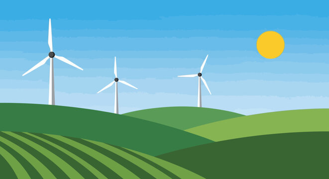 Wind Turbines Generating Clean Energy on Green Rolling Hills.