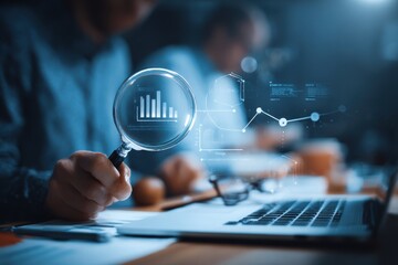 Analyzing Business Performance with Magnifying Glass and Data Overlays: Statistical Charts, Financial Insights, Strategic Planning, and Modern Technology Concept