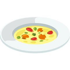 A Bowl of Creamy Vegetable Soup With Carrots Peas and Mushrooms Served on a White Plate with a Light Yellow Broth and Vibrant Orange and Green Vegetables on a Clean White Background
