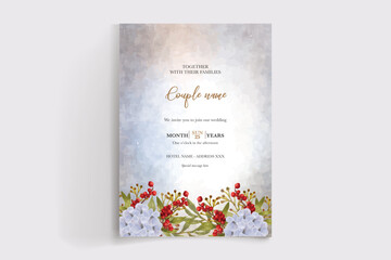 WEDDING INVITATION FRAME WITH FLOWER DECORATIONS AND FRESH LEAVES