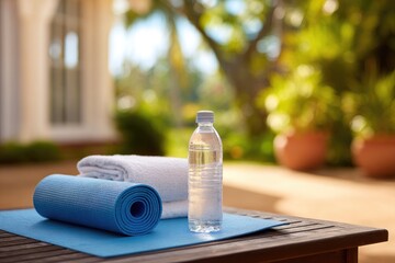 Yoga mat, towel, and water bottle on a table outdoors in a sunny garden setting