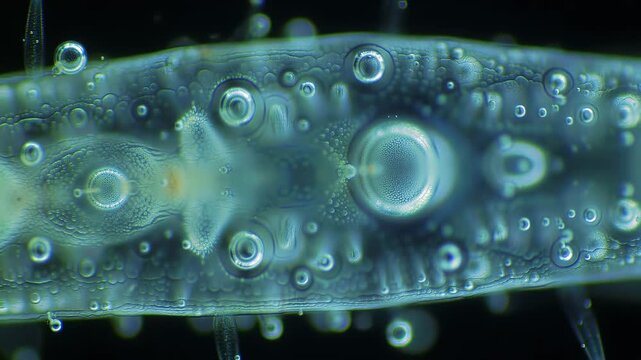 Mesmerizing microscopic view of a translucent biological organism or cellular structure featuring numerous glowing bubbles and vesicles within a fluid environment representing scientific research and.