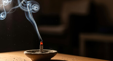 Burning Incense Stick in Clay Holder with Rising Smoke in Dark