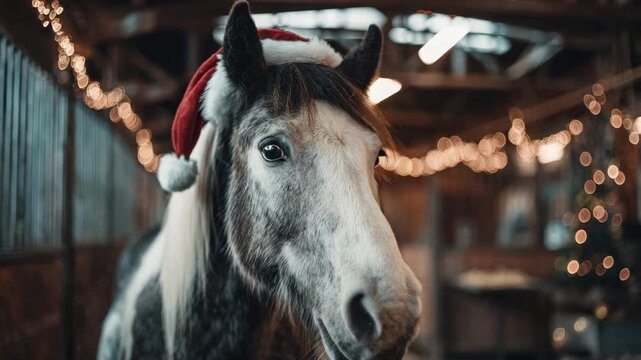 festive horse in the stable wearing a santa hat animation