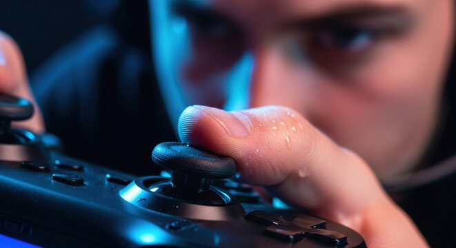 Intense Gamer Hands Holding Controller Under Blue Neon Light