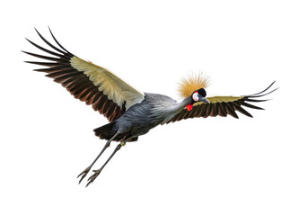 Isolated Grey Crowned Crane flying with wings outstretched in flight and golden feather crown