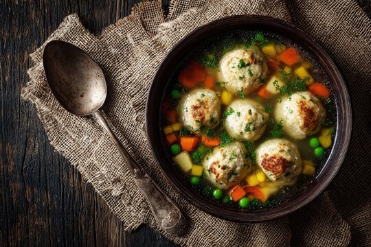 Hearty bowl of chicken meatball soup with vegetables, on rustic wooden table