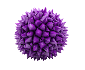 Purple spherical form covered with pointy, geometric spikes on a plain black background, creating a modern digital art piece