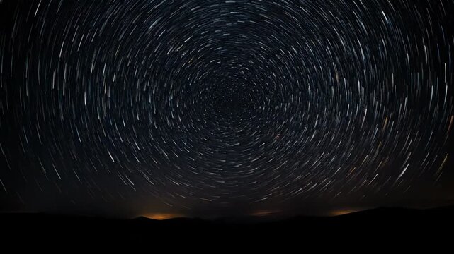 Circular star trails arc across a deep night sky above a dark horizon, forming abstract celestial energy patterns in a timelapse nature, mystery, deep night sky