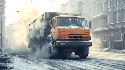 A dirty, smoke-emitting truck on a city road, illustrating vehicle pollution and air quality issues