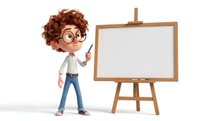 Cartoon boy artist standing by an easel with blank canvas ready to paint