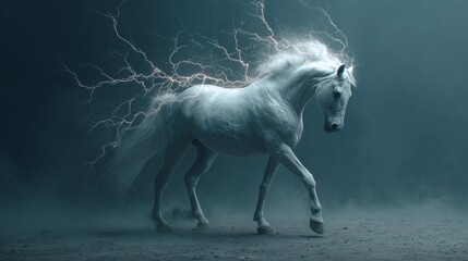 Naklejka premium Mystical white horse with electric energy, glowing mane and tail, walking powerfully through a moody landscape. Fantasy equine creature.