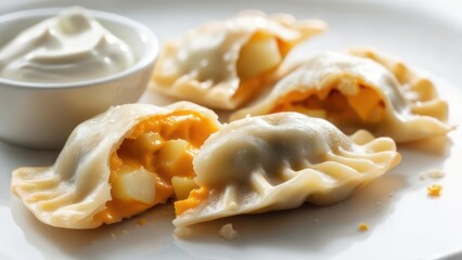 Enjoy freshly made pierogi stuffed with potato and cheese, served with cool sour cream dip