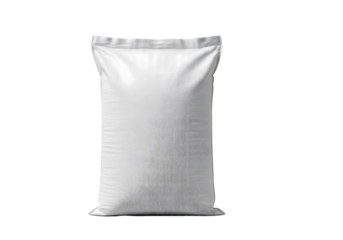 A white, textured bag of some substance. The bag is full and sealed, ready for transportation or storage.