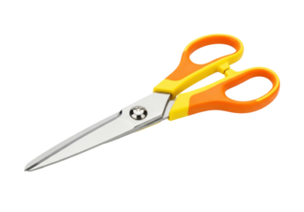 Isolated pair of scissors with ergonomic orange and yellow handles for home or school use