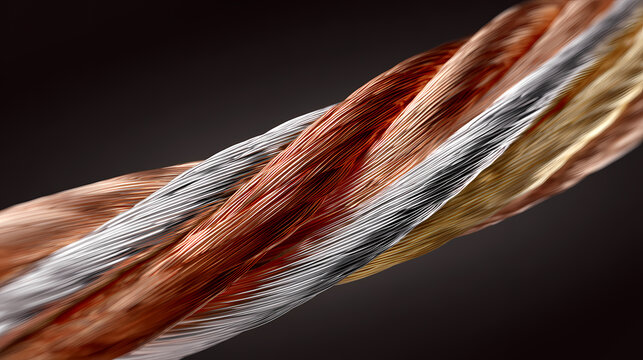 Close-up shot of intertwined metallic cables showcasing intricate details and textures  - Powered by Adobe