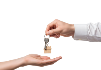 Handing over the keys, a symbol of new beginnings and ownership. The keys feature a charming house-shaped charm, creating a heartwarming scene.