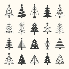 Obraz premium Vector art of collection of various handdrawn christmas tree icons in a simple, minimalist style, isolated on a light cream background