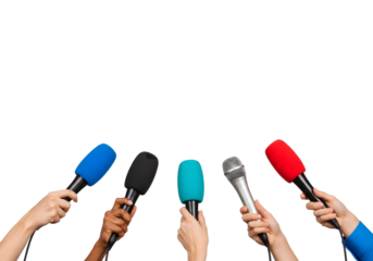 Microphones of various colors are held up by different hands, ready for an interview or press conference. The image highlights communication and media.