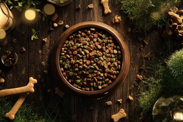 Bowl of pet kibble and bone-shaped treats amidst lush greenery on a rustic wooden surface