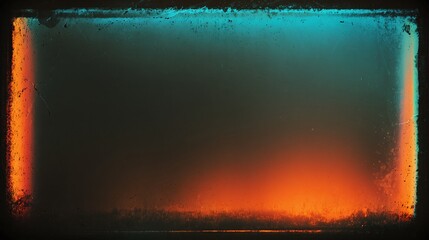 Moody abstract background with warm orange and cool blue gradient. Textured border with scratches and dust adds a vintage feel. Dark and atmospheric.