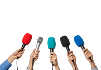 Microphones held up, ready for reporting, capturing the moment. Journalists holding microphones to cover news events