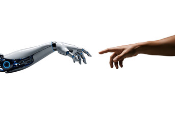 Obraz premium A human hand and a robotic hand about to touch, representing technology and human connection