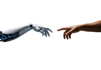 A human hand and a robotic hand about to touch, representing technology and human connection