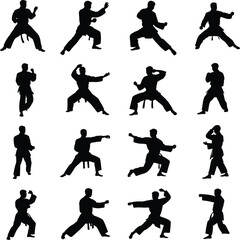 Martial arts silhouette, combat poses, training stances, black vector grid, cad drawing flat vector illustration, minimal design, body movement