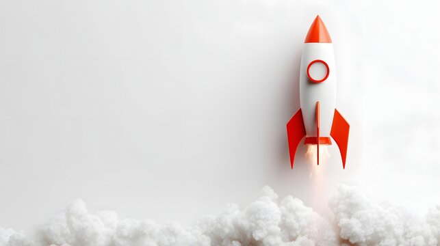 Rocket taking off on a white background. 3D rendering. Start-up concept. Copy space. toy spaceship. - Powered by Adobe