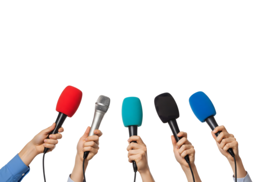 Microphones held up, ready for reporting, capturing the moment. Journalists holding microphones to cover news events