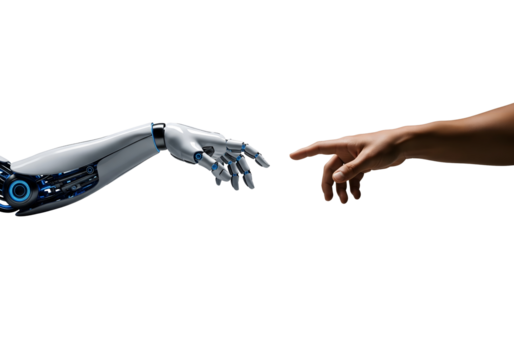 A human hand and a robotic hand about to touch, representing technology and human connection