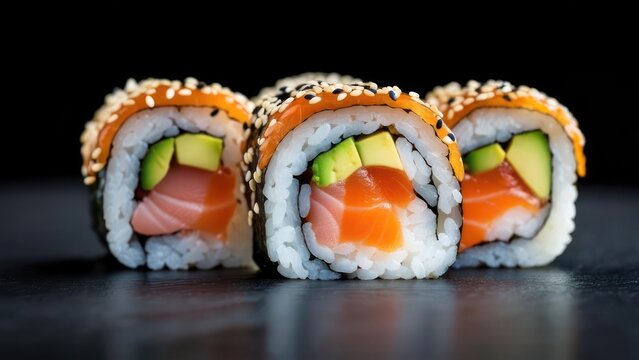 Delicious California sushi rolls with fresh salmon and avocado ready to be served for lunch or dinner