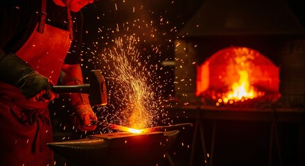 Hot Stuff Glowing Metal Forged by Blacksmith Surrounded by Sparks and Intense Orange Light