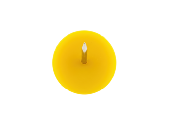 Isolated yellow circular disk with small vertical pin in center, studio shot, nobody here
