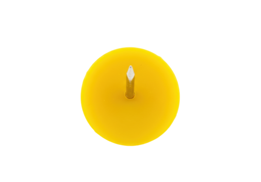 Isolated yellow circular disk with small vertical pin in center, studio shot, nobody here