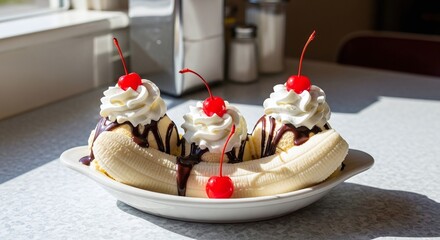 banana split dessert with chocolate syrup and cherries