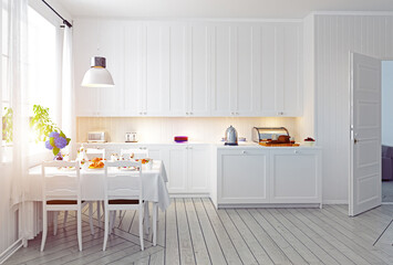 Modern white kitchen and dining room in a scandinavian style. 3d rendering of a home interior
