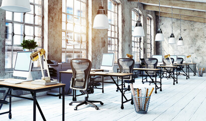 3d rendering of a modern industrial office. Empty loft workspace with desks in bright sunlight
