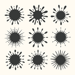 Vector art of collection of nine black ink splatters and paint splashes on a light cream background, abstract design elements