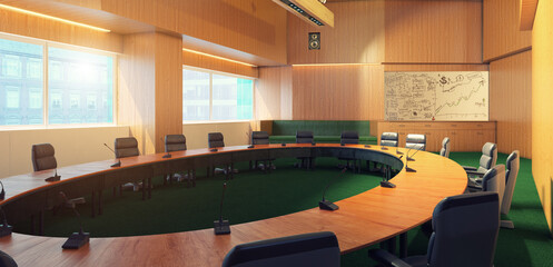 Empty modern conference room with a business strategy whiteboard. 3d rendering of a corporate interior
