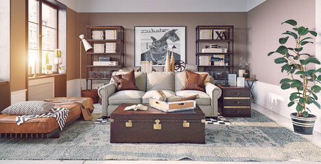 Stylish eclectic living room interior with a sofa and trunk coffee table. 3d rendering of a modern home