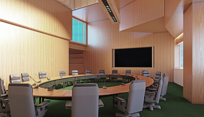 3D rendering of a modern conference room. Empty boardroom with wood walls and a curved table